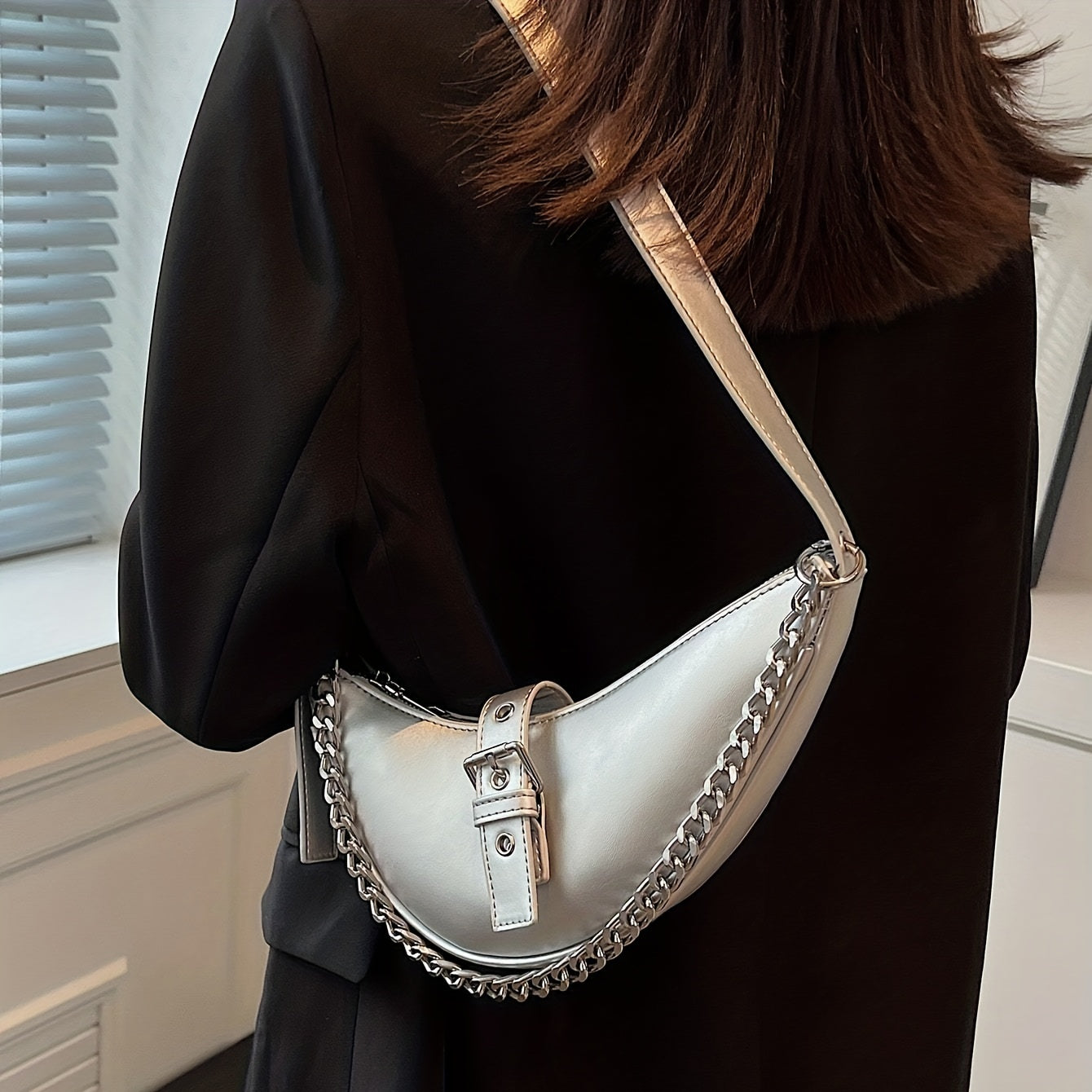 Half-moon Silver Handbag With Zipper