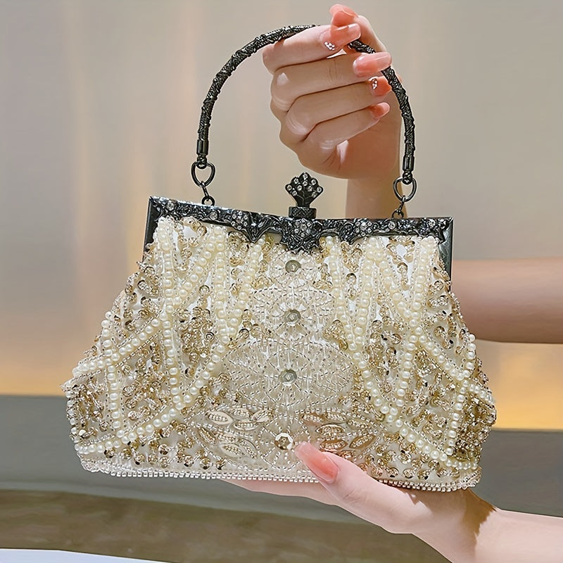 Floral and Pearl Clutch with Rhinestone Lock and Chain