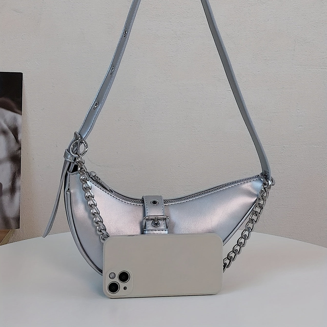 Half-moon Silver Handbag With Zipper