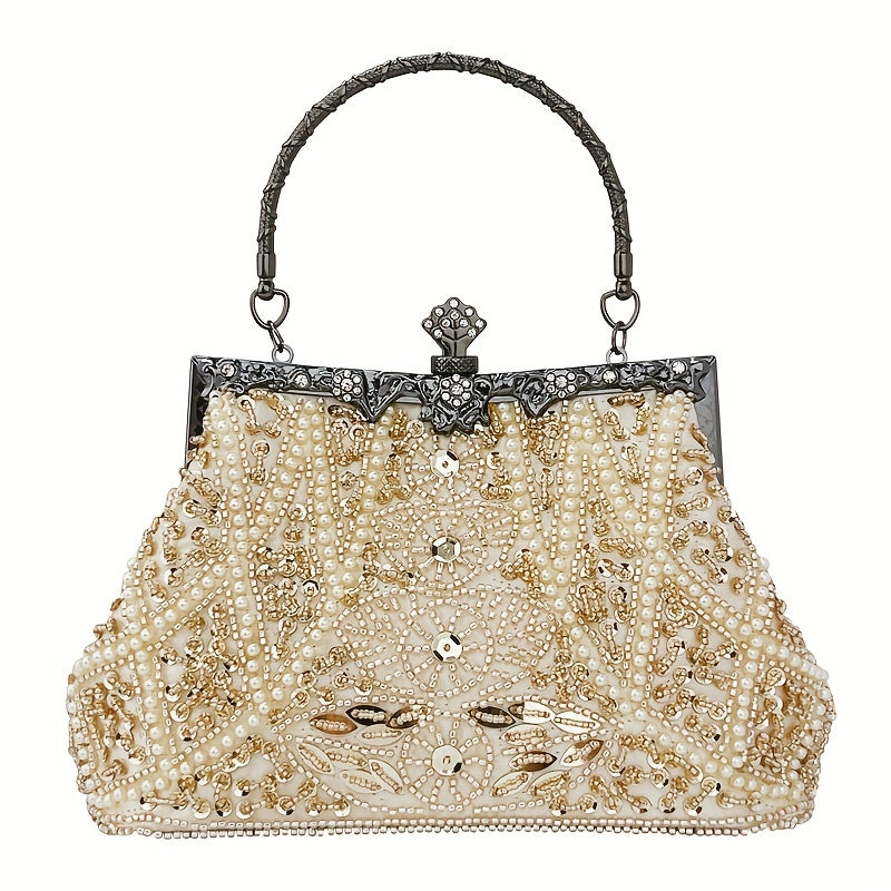 Floral and Pearl Clutch with Rhinestone Lock and Chain