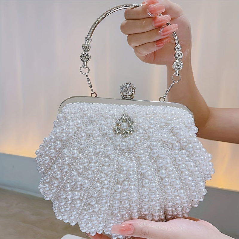 Floral Handle Shiny Event Clutch Bag with Buckle Metal Chain