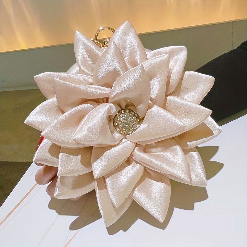 3D Flower Satin Clutch with Glitter Top Ring for Weddings and Parties