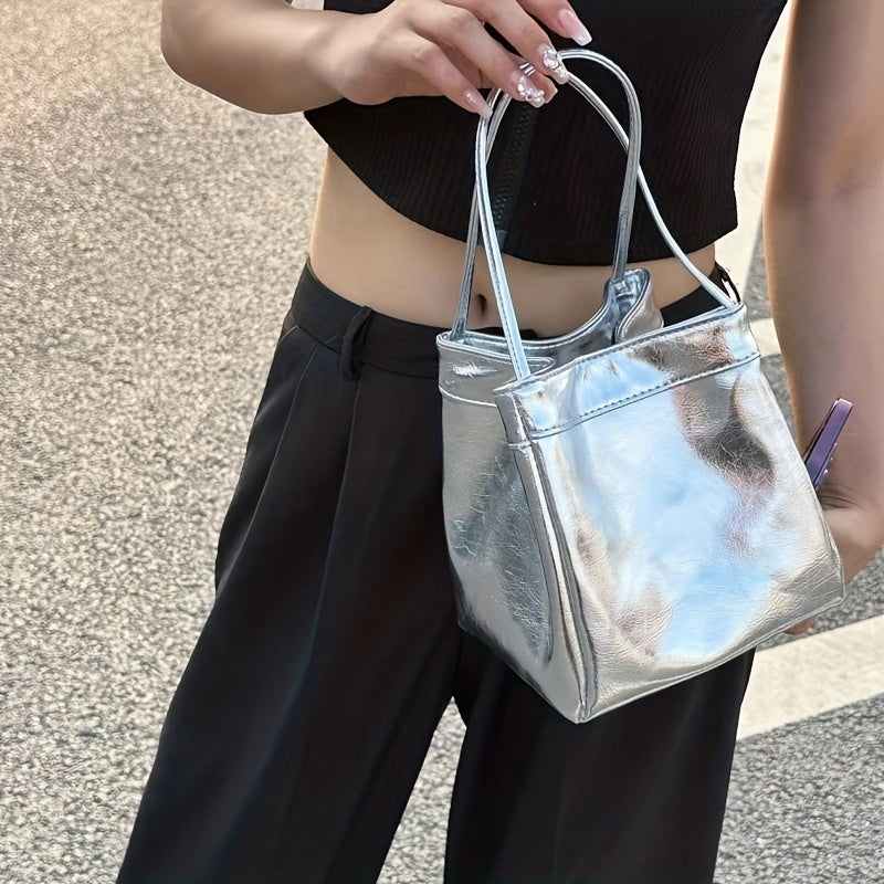 Silver Satchel Bucket Bag