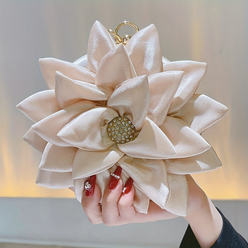 3D Flower Satin Clutch with Glitter Top Ring for Weddings and Parties