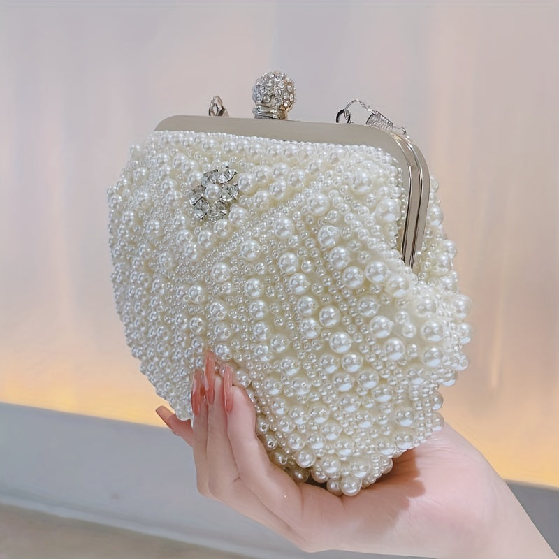 Floral Handle Shiny Event Clutch Bag with Buckle Metal Chain