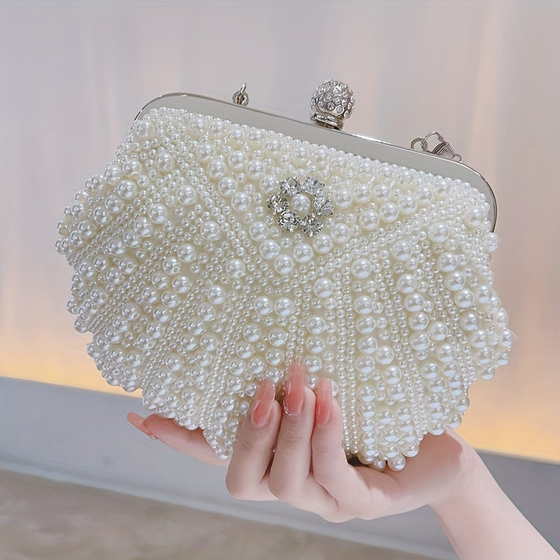 Floral Handle Shiny Event Clutch Bag with Buckle Metal Chain