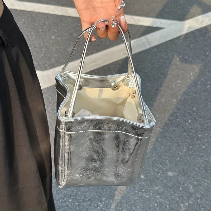 Silver Satchel Bucket Bag