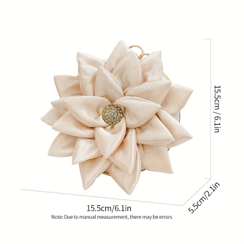 3D Flower Satin Clutch with Glitter Top Ring for Weddings and Parties