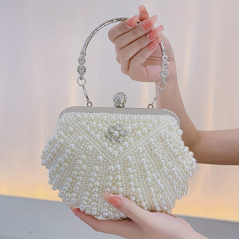 Floral Handle Shiny Event Clutch Bag with Buckle Metal Chain