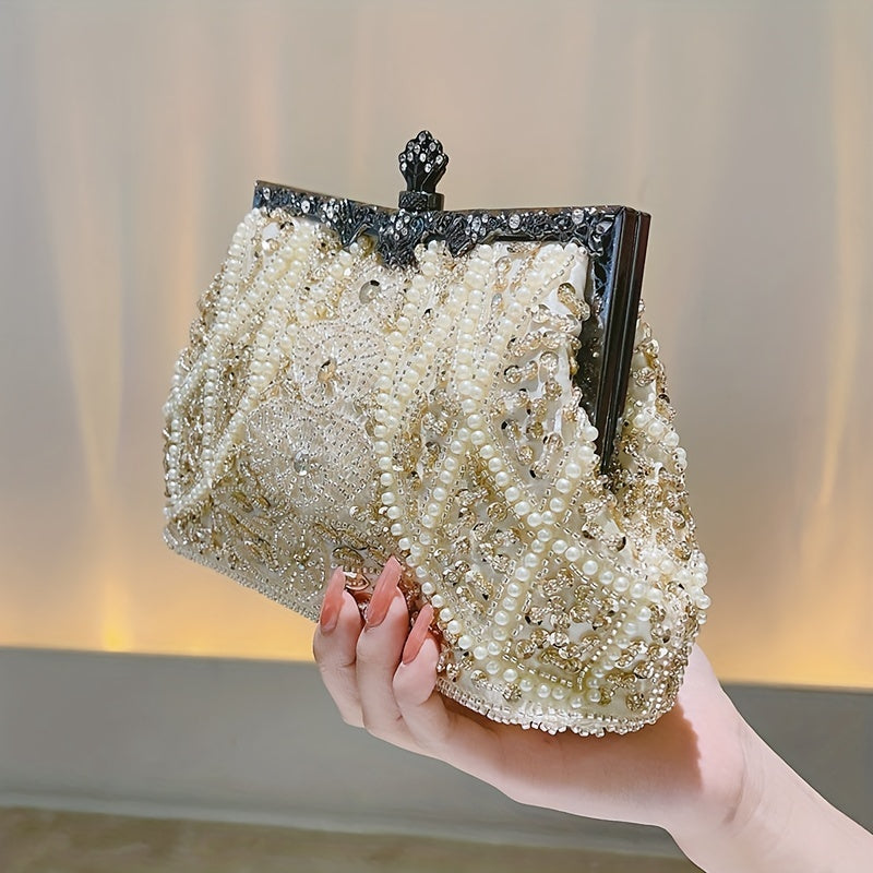 Floral and Pearl Clutch with Rhinestone Lock and Chain