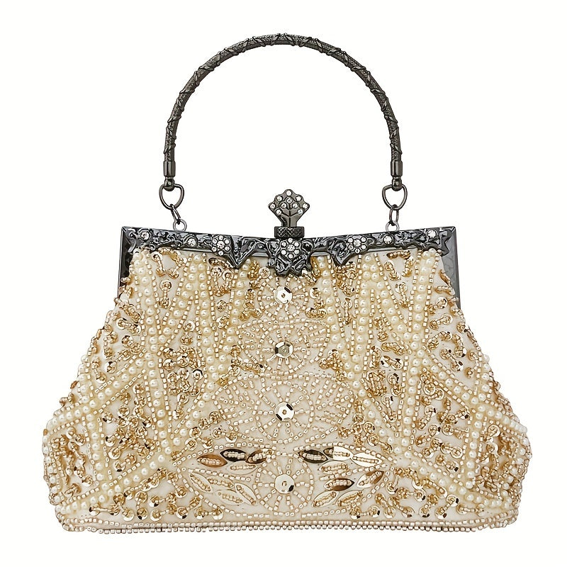 Floral and Pearl Clutch with Rhinestone Lock and Chain